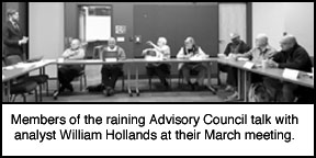 [Members of the Training Advisory Council talk with analyst 
William Hollands at their March meeting.]