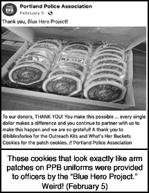 [Cookies that look exactly like police arm patches from PPB uniforms. 
Provided by 